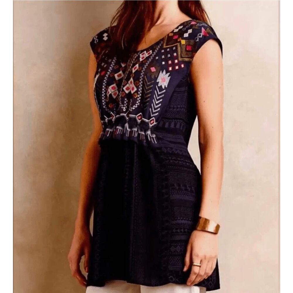 Anthropologie One September Womens XS Petite Embroidered Tunic Boho Top Navy
